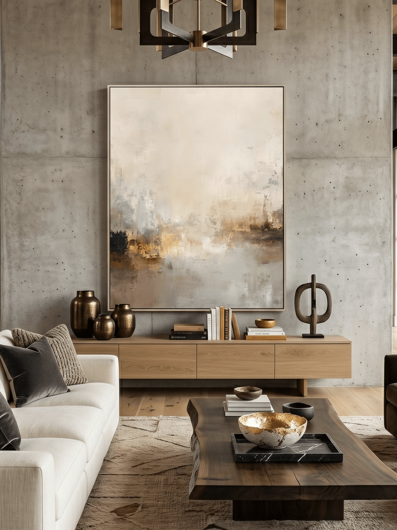 Hand-painted minimalist abstract landscape painting in warm earth tones like beige and brown by Evelyn Li, vertical 3D textured wall art for living room, organic modern decor.