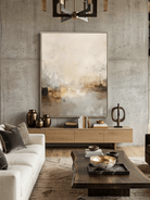 Hand-painted minimalist abstract landscape painting in warm earth tones like beige and brown by Evelyn Li, vertical 3D textured wall art for living room, organic modern decor.