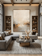 Hand-painted minimalist abstract landscape painting in warm earth tones like beige and brown by Evelyn Li, vertical 3D textured wall art for living room, organic modern decor.