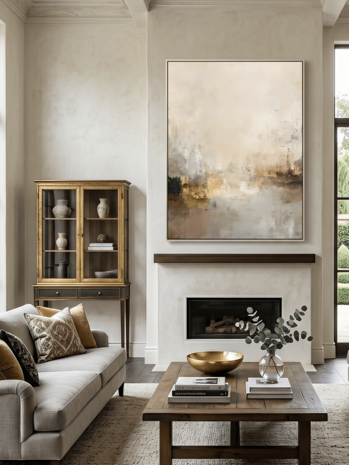 Hand-painted minimalist abstract landscape painting in warm earth tones like beige and brown by Evelyn Li, vertical 3D textured wall art for living room, organic modern decor.