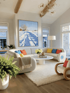 impasto winter landscape painting – textured snow road with tire tracks in blue-white tones, meditative winter art for living room or study