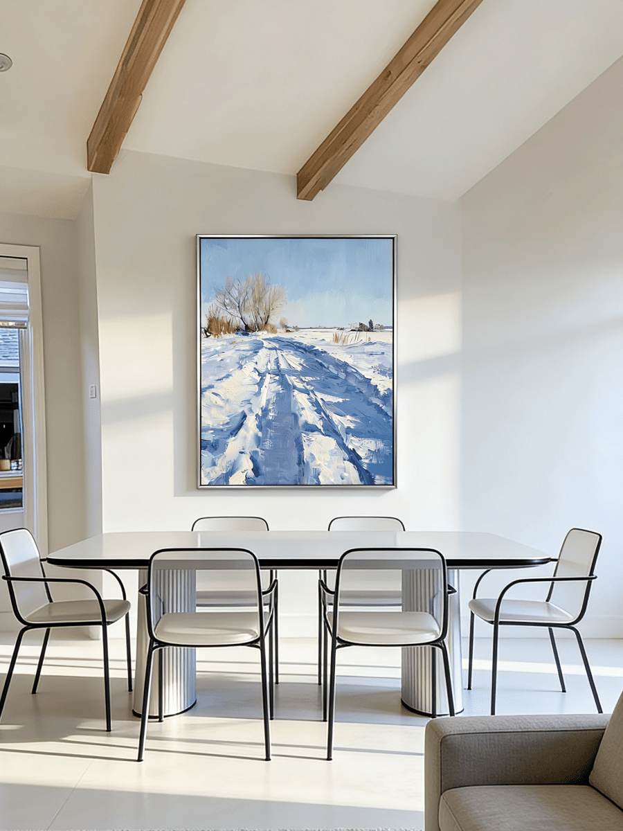impasto winter landscape painting – textured snow road with tire tracks in blue-white tones, meditative winter art for living room or study