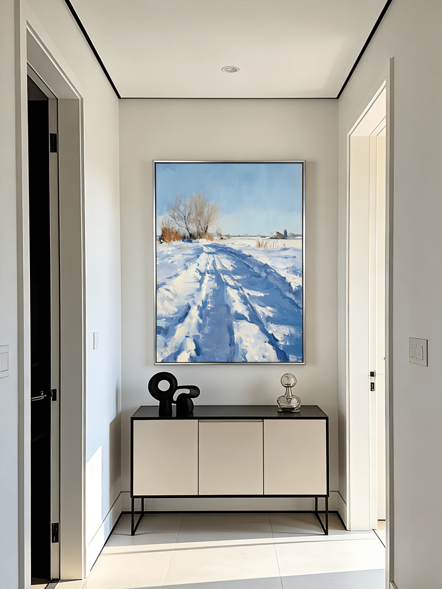 impasto winter landscape painting – textured snow road with tire tracks in blue-white tones, meditative winter art for living room or study