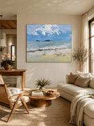 Hand painted textured coastal beach landscape wall art with ocean waves and soft blue sky for modern living room decor