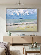 Hand painted textured coastal beach landscape wall art with ocean waves and soft blue sky for modern living room decor