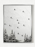 Original monochromatic ski painting– flowing snow tracks with tiny black skiers, minimalist outdoor art for modern interiors