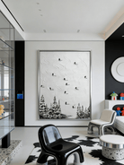 Original monochromatic ski painting– flowing snow tracks with tiny black skiers, minimalist outdoor art for modern interiors