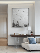 Original monochromatic ski painting– flowing snow tracks with tiny black skiers, minimalist outdoor art for modern interiors