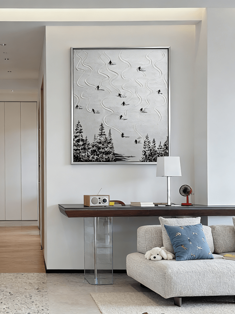 Original monochromatic ski painting– flowing snow tracks with tiny black skiers, minimalist outdoor art for modern interiors
