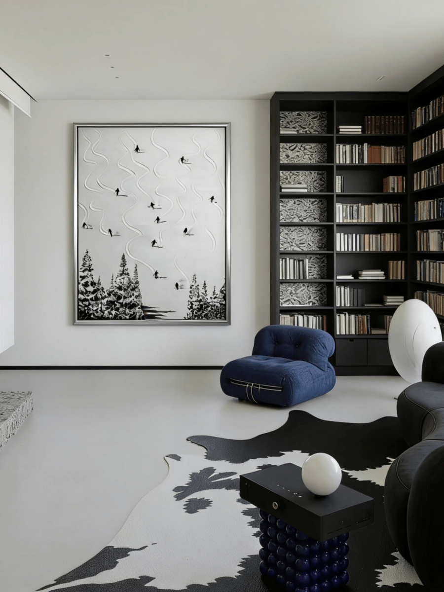 Original monochromatic ski painting– flowing snow tracks with tiny black skiers, minimalist outdoor art for modern interiors