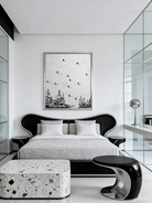 Original monochromatic ski painting– flowing snow tracks with tiny black skiers, minimalist outdoor art for modern interiors