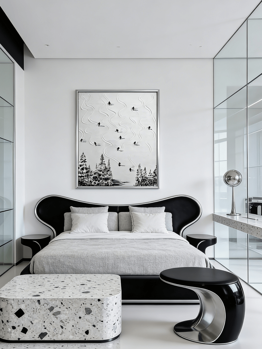 Original monochromatic ski painting– flowing snow tracks with tiny black skiers, minimalist outdoor art for modern interiors