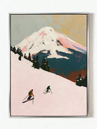 Original impasto alpine painting– pink-toned mountain landscape with tiny skiers, epic outdoor art for living room or study