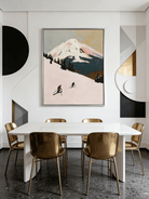 Original impasto alpine painting– pink-toned mountain landscape with tiny skiers, epic outdoor art for living room or study