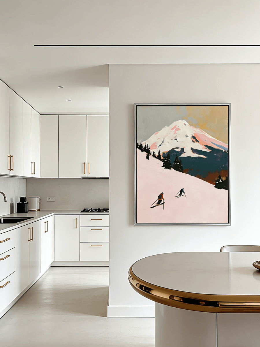 Original impasto alpine painting– pink-toned mountain landscape with tiny skiers, epic outdoor art for living room or study