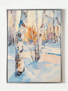 winter landscape painting– textured birch trees in glowing snow scene, atmospheric winter art for living room or bedroom