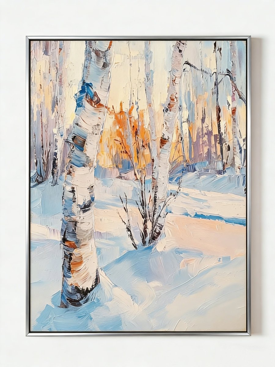 winter landscape painting– textured birch trees in glowing snow scene, atmospheric winter art for living room or bedroom
