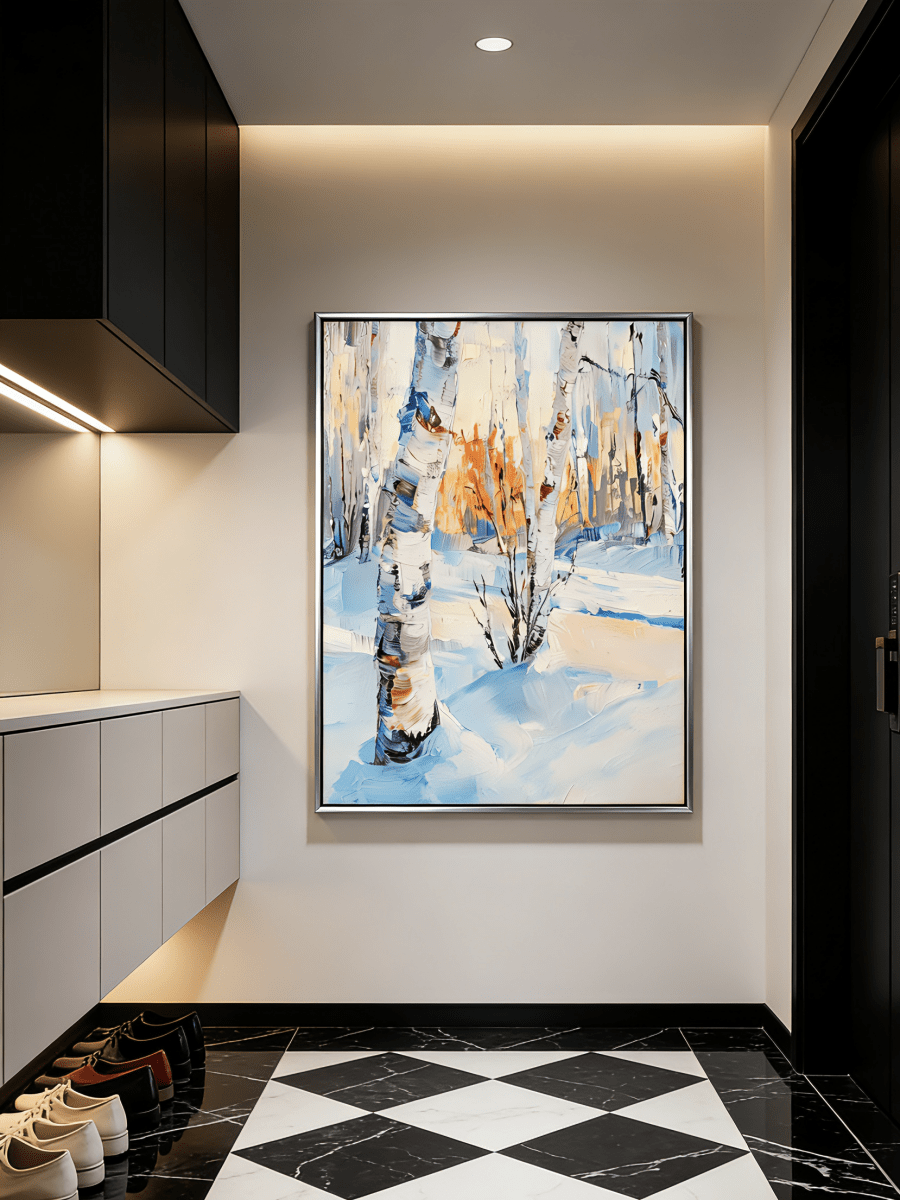 winter landscape painting– textured birch trees in glowing snow scene, atmospheric winter art for living room or bedroom