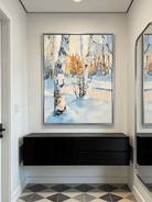 winter landscape painting– textured birch trees in glowing snow scene, atmospheric winter art for living room or bedroom