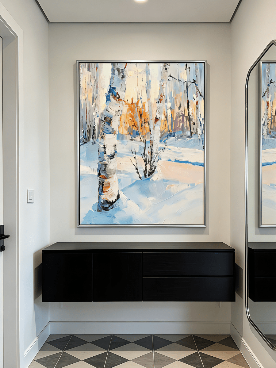winter landscape painting– textured birch trees in glowing snow scene, atmospheric winter art for living room or bedroom