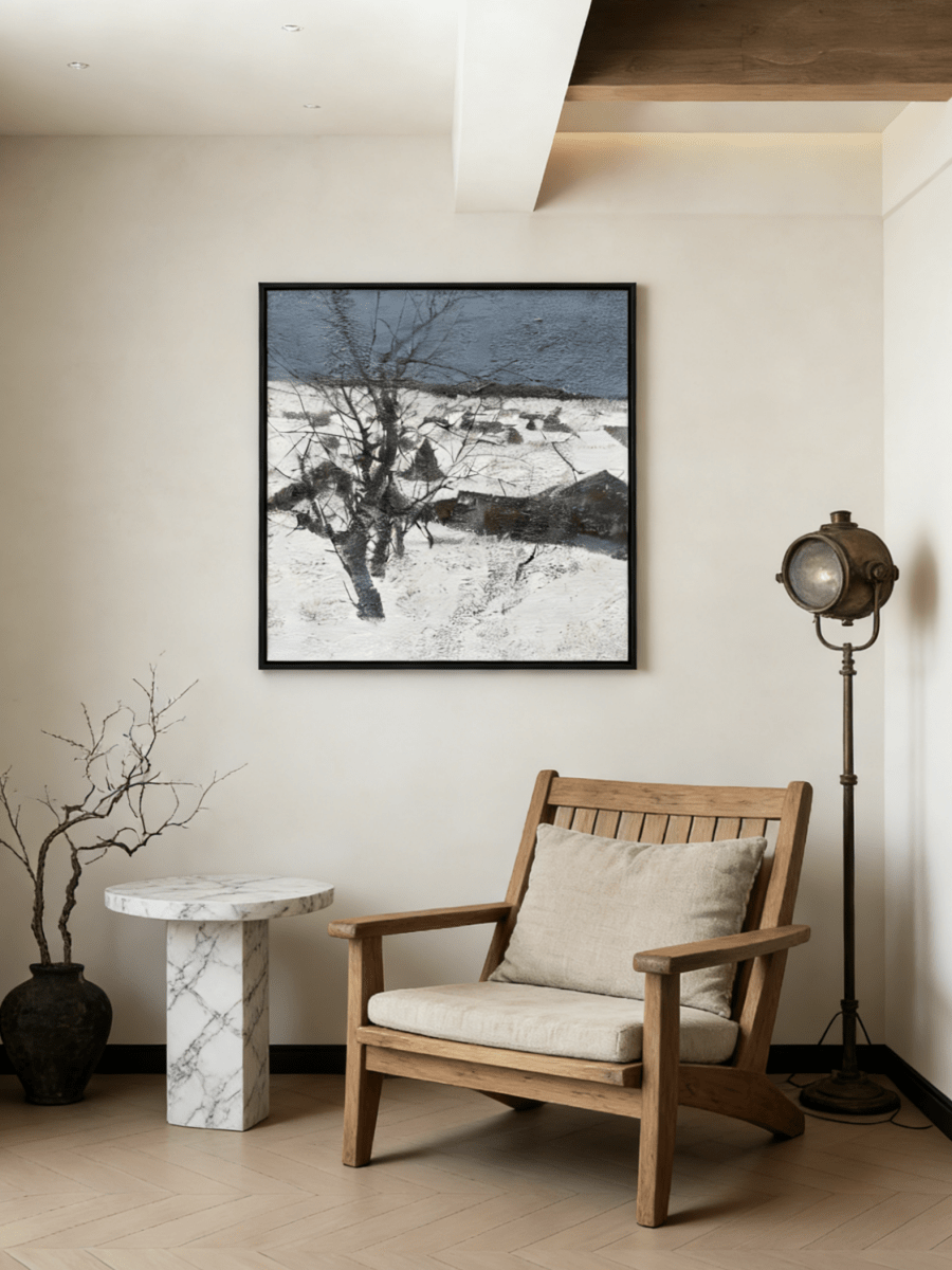 Hand-painted winter landscape oil painting featuring a black tree in a snowy field under a dark grey sky with heavy texture.