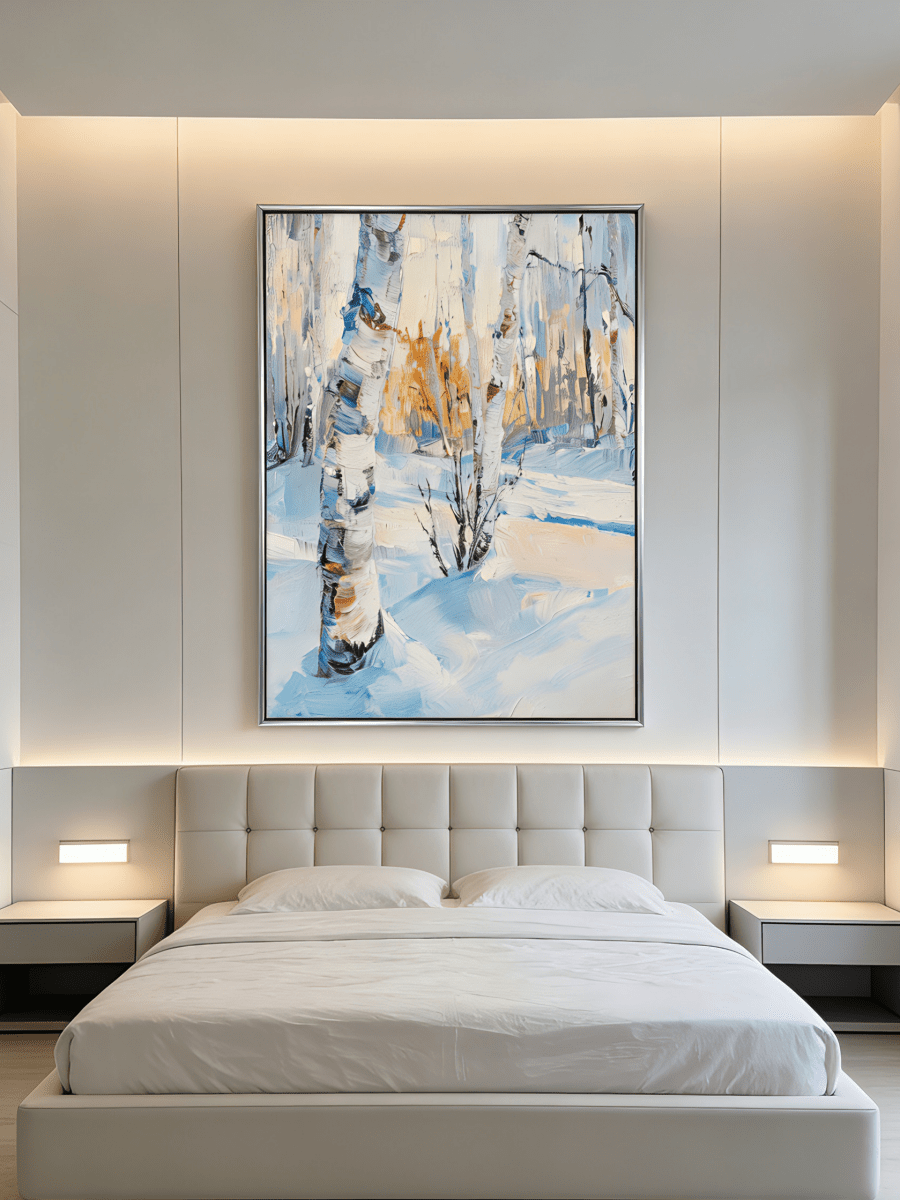 winter landscape painting– textured birch trees in glowing snow scene, atmospheric winter art for living room or bedroom
