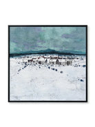 Hand-painted modern oil painting of a snowy village landscape with blue mountains and heavy white textured snow on canvas.