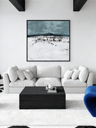 Hand-painted modern oil painting of a snowy village landscape with blue mountains and heavy white textured snow on canvas.