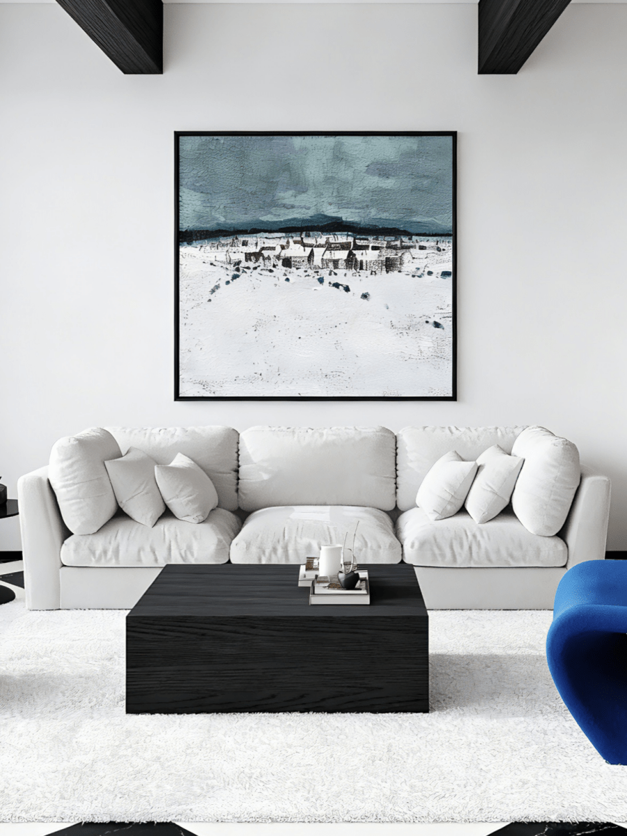 Hand-painted modern oil painting of a snowy village landscape with blue mountains and heavy white textured snow on canvas.