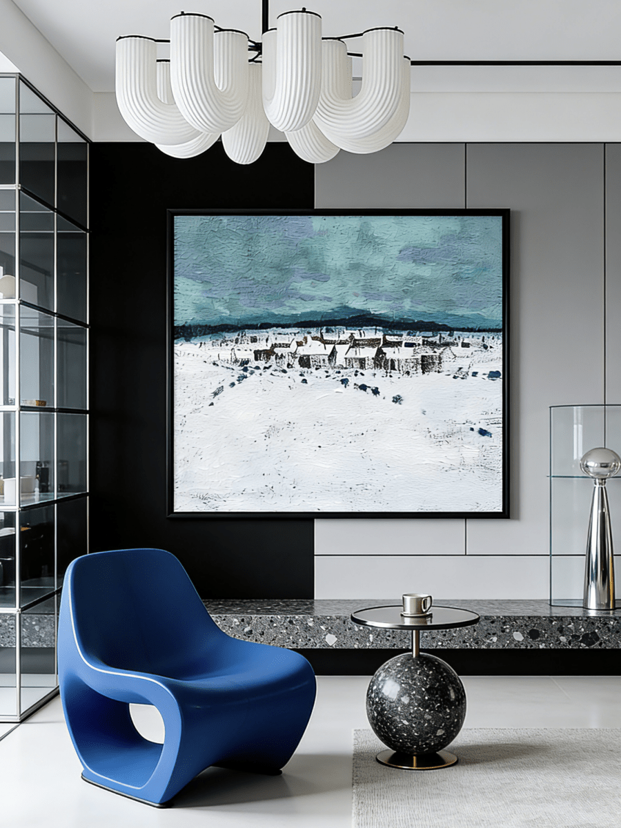 Hand-painted modern oil painting of a snowy village landscape with blue mountains and heavy white textured snow on canvas.
