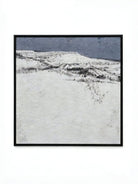 Large hand-painted minimalist oil painting showing a vast white textured snowfield under a dark grey horizon line.