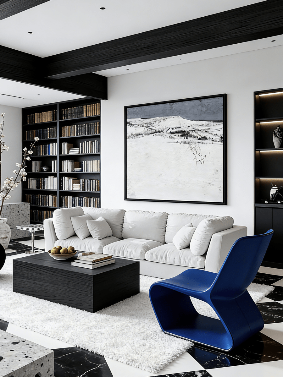 Large hand-painted minimalist oil painting showing a vast white textured snowfield under a dark grey horizon line.