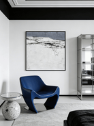 Large hand-painted minimalist oil painting showing a vast white textured snowfield under a dark grey horizon line.