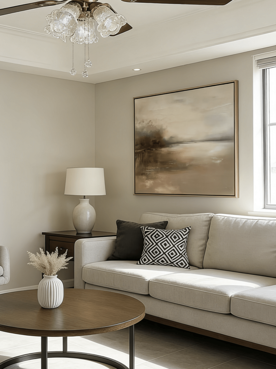 soft abstract art in muted earth tones with textured glazing, atmospheric wall decor for bedroom or meditation space
