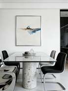 minimalist landscape painting– textured yurt in vast plains, travel-inspired art for contemplative interiors