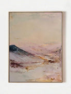 Large hand-painted abstract mountain landscape canvas painting in pastel pink, lavender, and grey by Evelyn Li for romantic bedroom decor.