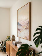 Large hand-painted abstract mountain landscape canvas painting in pastel pink, lavender, and grey by Evelyn Li for romantic bedroom decor.
