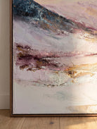 Large hand-painted abstract mountain landscape canvas painting in pastel pink, lavender, and grey by Evelyn Li for romantic bedroom decor.