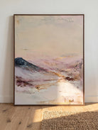 Large hand-painted abstract mountain landscape canvas painting in pastel pink, lavender, and grey by Evelyn Li for romantic bedroom decor.