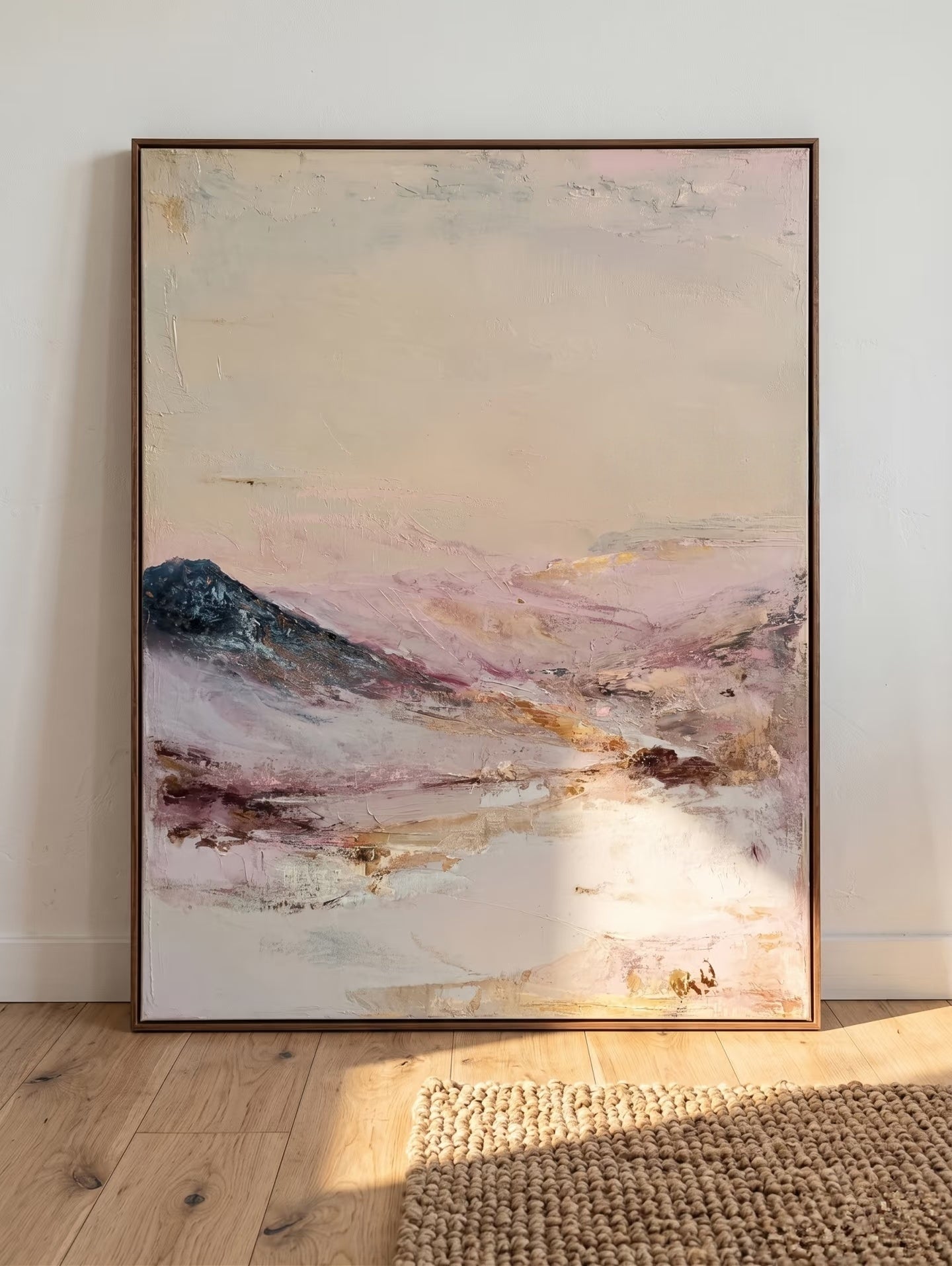 Large hand-painted abstract mountain landscape canvas painting in pastel pink, lavender, and grey by Evelyn Li for romantic bedroom decor.