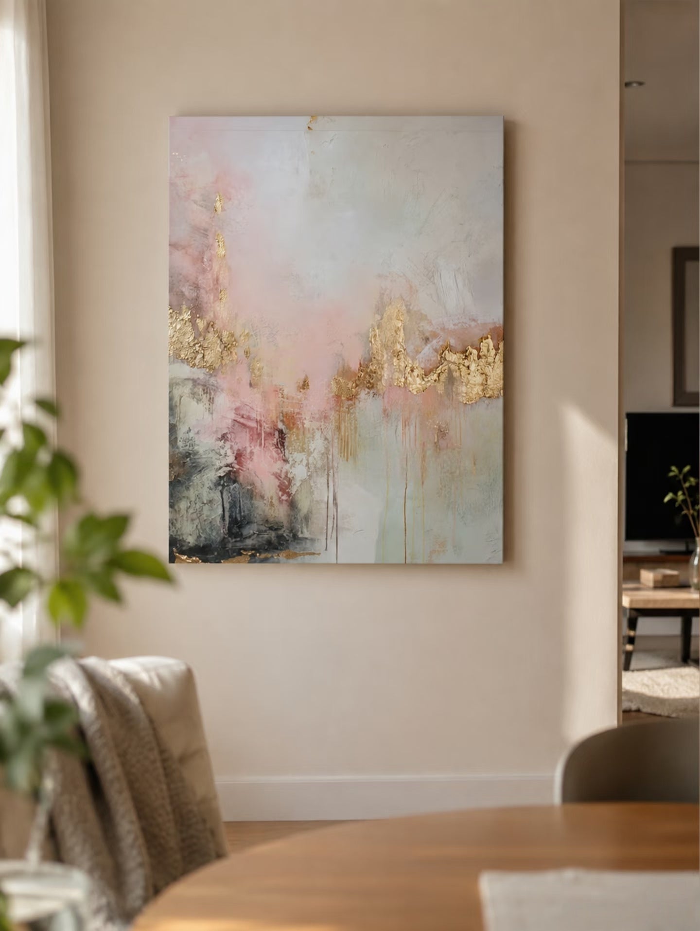 Large hand-painted modern abstract canvas painting with 3D textured gold leaf and blush pink brushstrokes by Evelyn Li for luxury master bedroom wall decor.