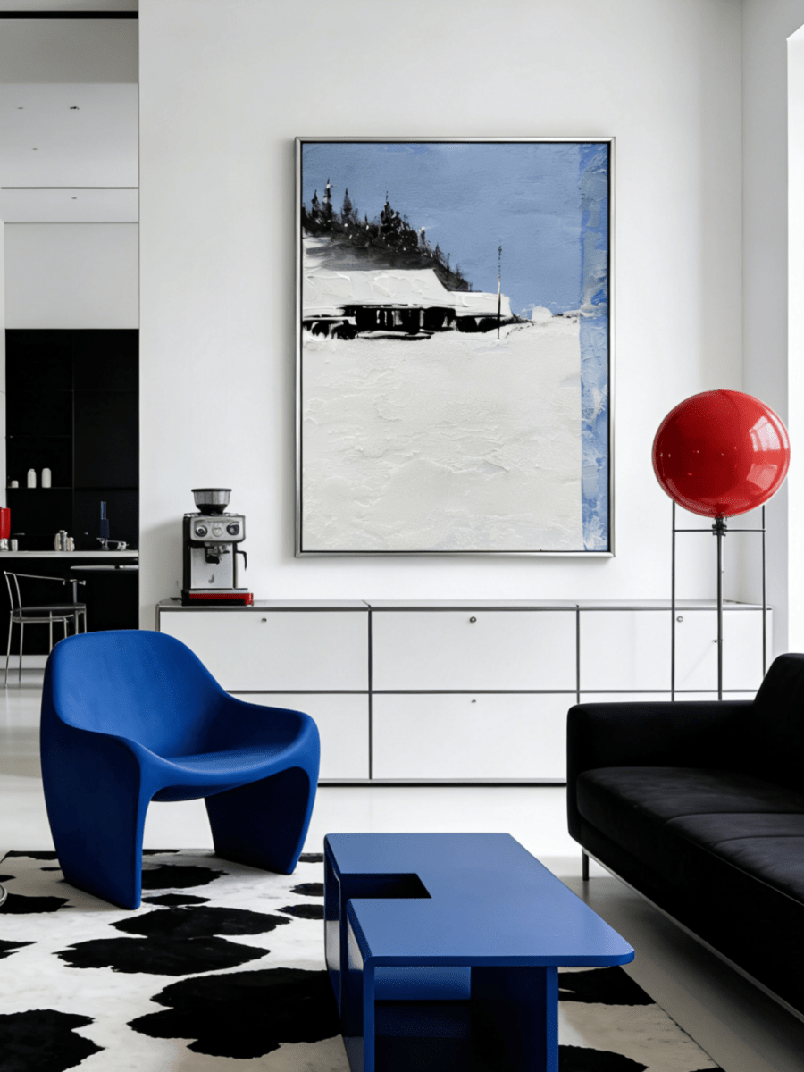 winter cabin oil painting– textured impasto snowscape with minimalist cabin, serene landscape art for calming interiors