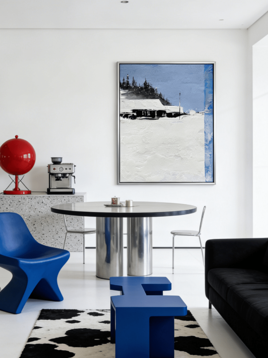 winter cabin oil painting– textured impasto snowscape with minimalist cabin, serene landscape art for calming interiors