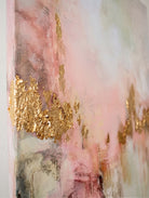 Large hand-painted modern abstract canvas painting with 3D textured gold leaf and blush pink brushstrokes by Evelyn Li for luxury master bedroom wall decor.