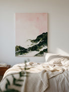 Large hand-painted modern abstract canvas painting with 3D heavy palette knife texture featuring a blush pink sky and forest green mountain range by Evelyn Li for bedroom wall decor.