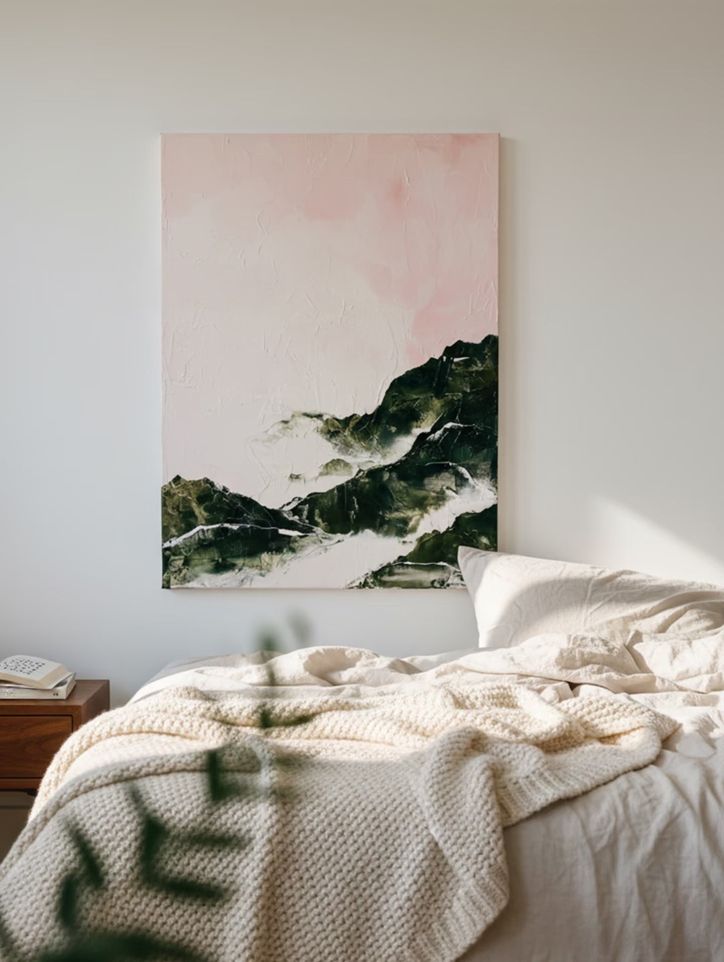 Large hand-painted modern abstract canvas painting with 3D heavy palette knife texture featuring a blush pink sky and forest green mountain range by Evelyn Li for bedroom wall decor.