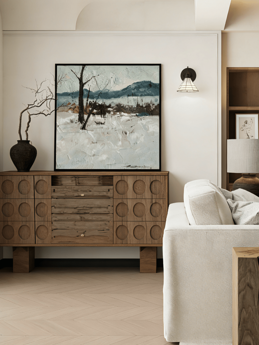 Hand-painted 3D relief oil painting featuring sculpted pebble-like textures on a divided black and beige earthy background.