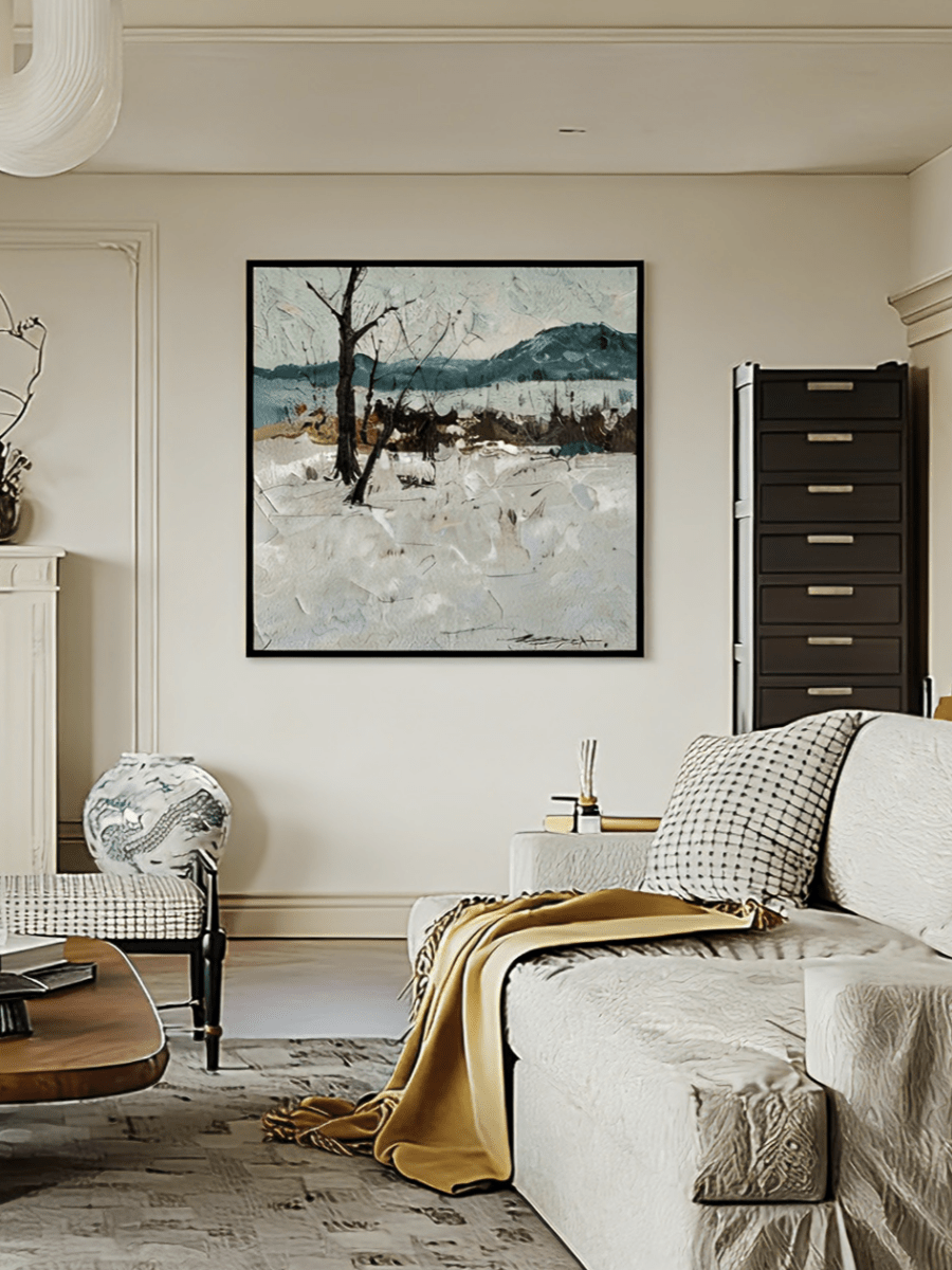 Hand-painted 3D relief oil painting featuring sculpted pebble-like textures on a divided black and beige earthy background.