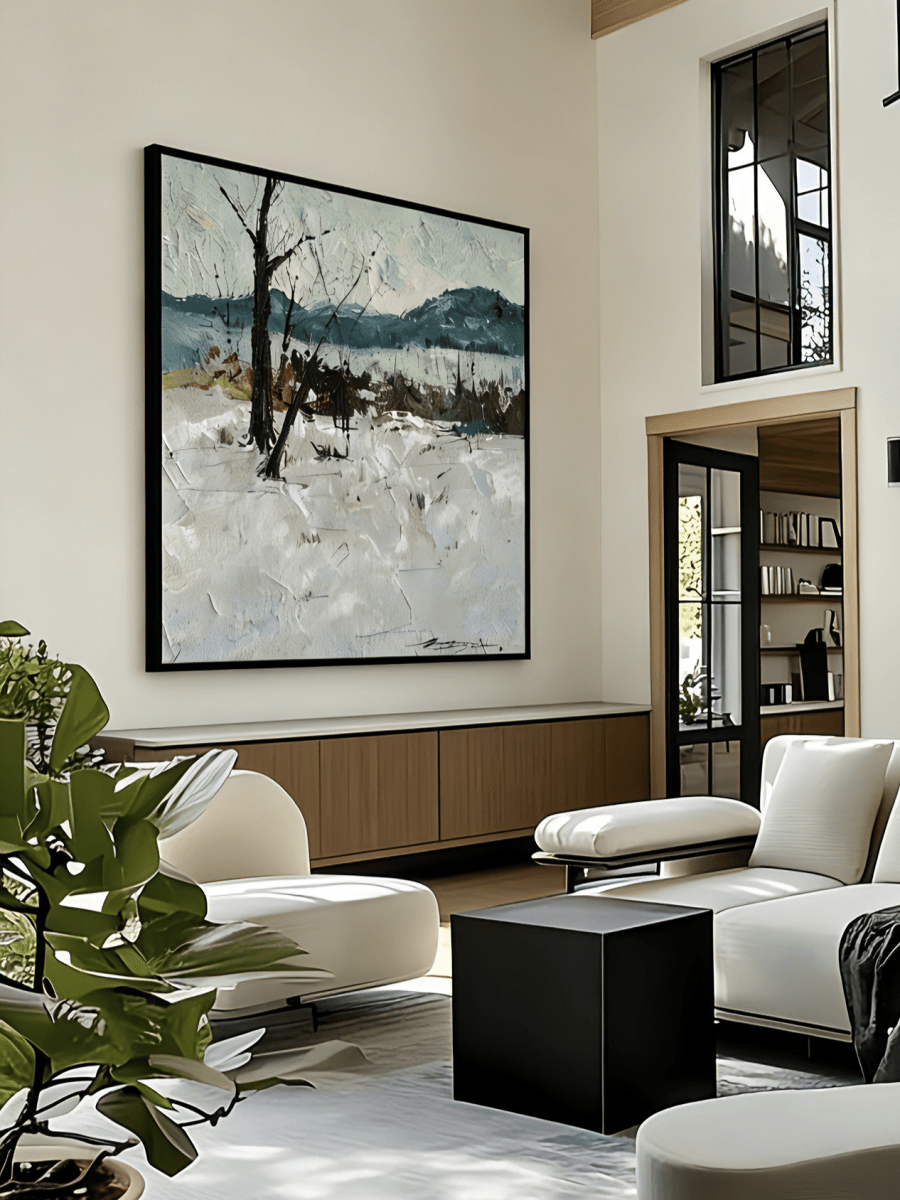 Hand-painted 3D relief oil painting featuring sculpted pebble-like textures on a divided black and beige earthy background.