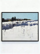 Large hand-painted modern oil painting by Evelyn Li featuring a frozen winter lake with heavy white snow texture and light blue sky.